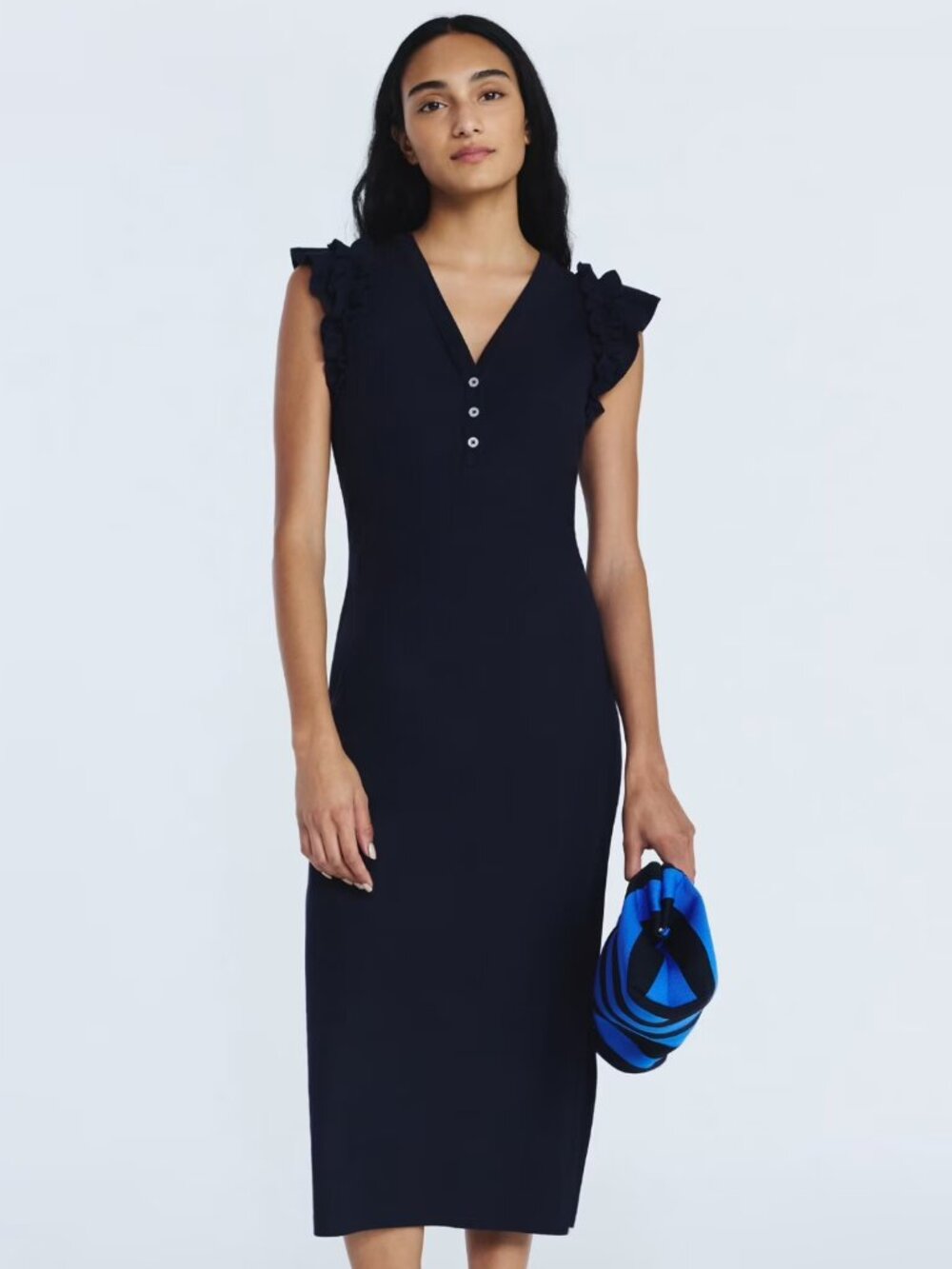 Free Assembly Women’s Henley Midi Dress with Flutter Sleeves Medium Navy Blue